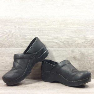 Dansko Women Leather Slip-On Clogs Comfortable Wooden Shoes Black Sabot Size 7